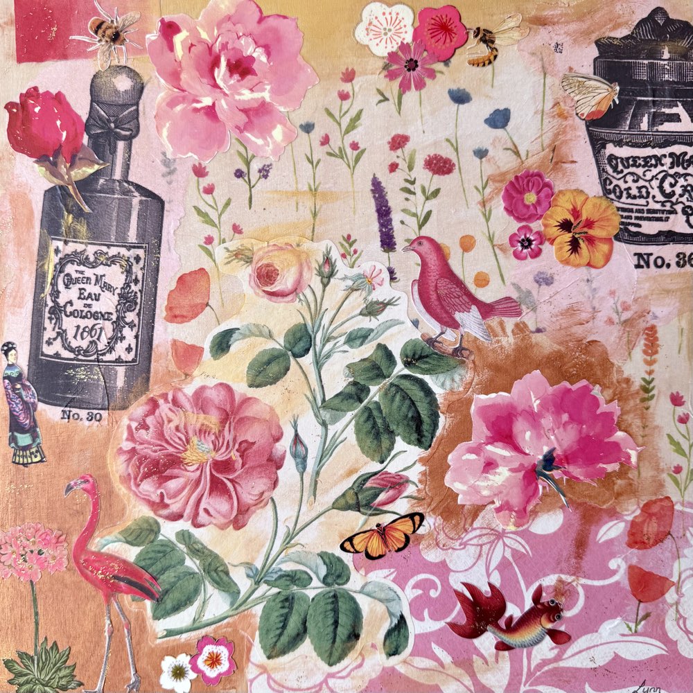Floral collage with bees, birds, perfume bottles and soft pink blossoms.