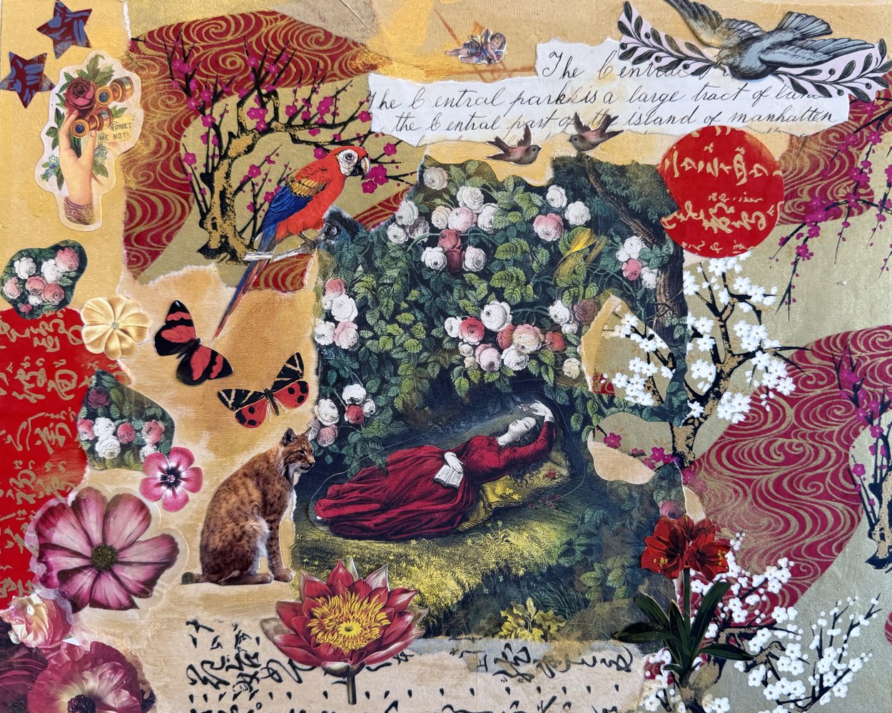 A richly layered park scene with flowers, animals, figures and written fragments.