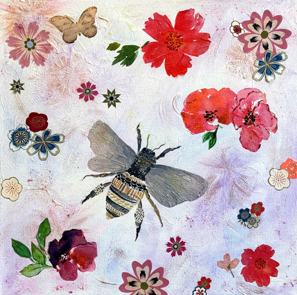 Bee and butterfly floating among red and patterned flowers.