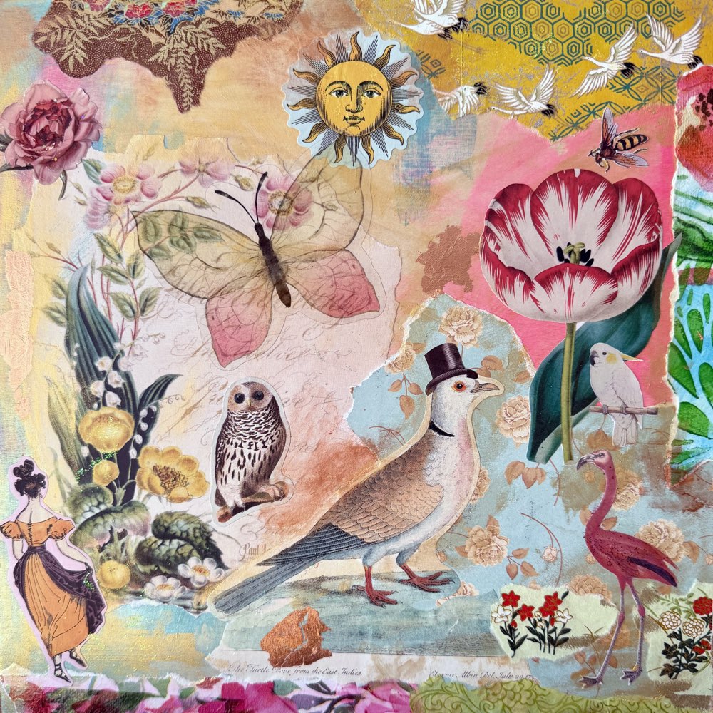 Dreamlike nature collage with birds, flowers, an owl and a watchful sun.