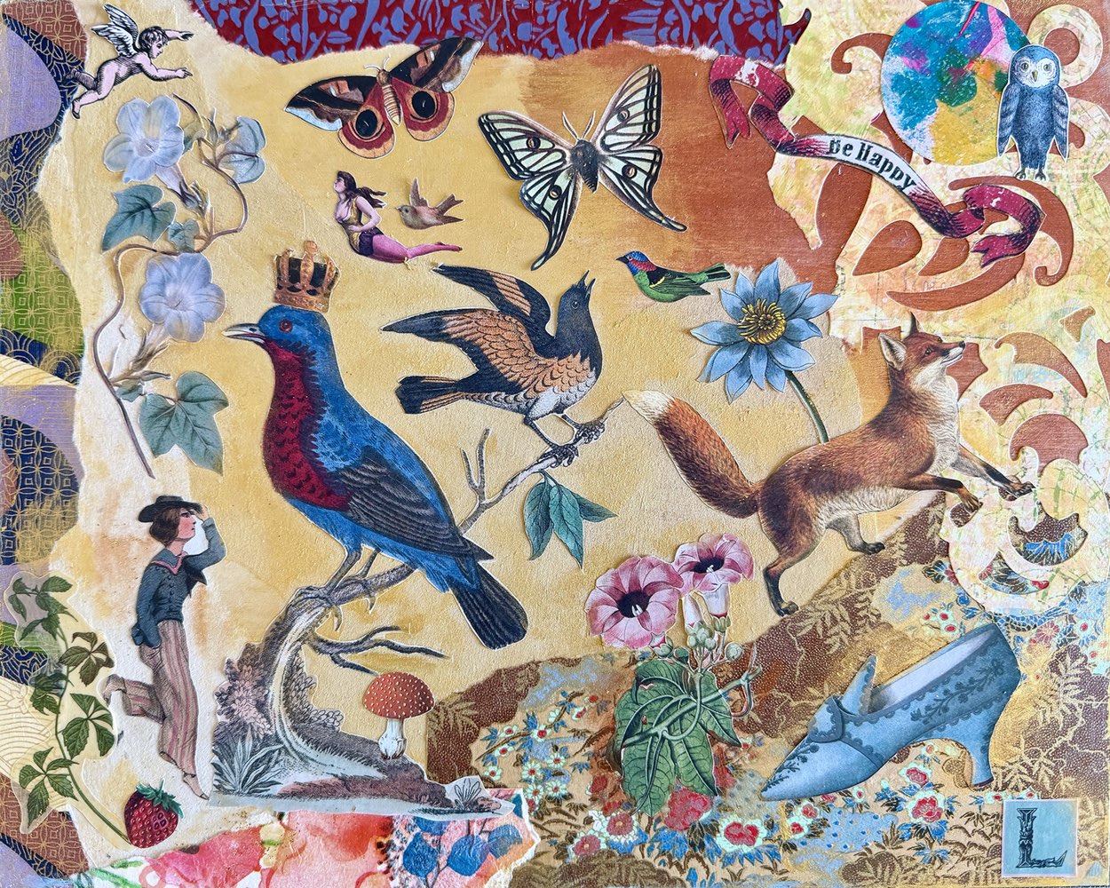 Colourful collage where wildlife, people, flowers and sky share one world.