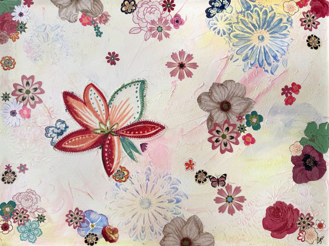 Airy field of delicate painted and patterned flowers with a central butterfly.