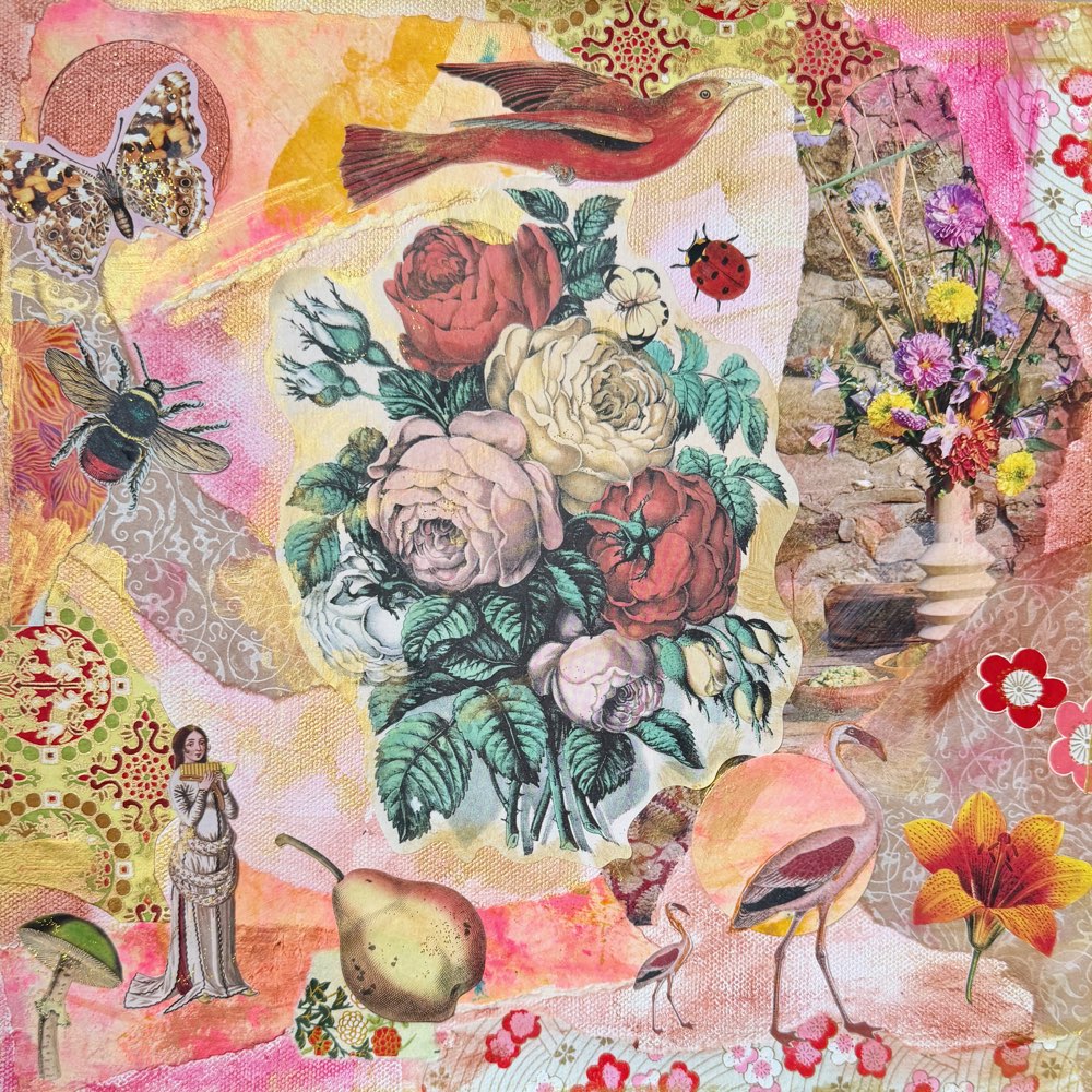 Layered floral collage with birds, figures, fruit and tiny discoveries.