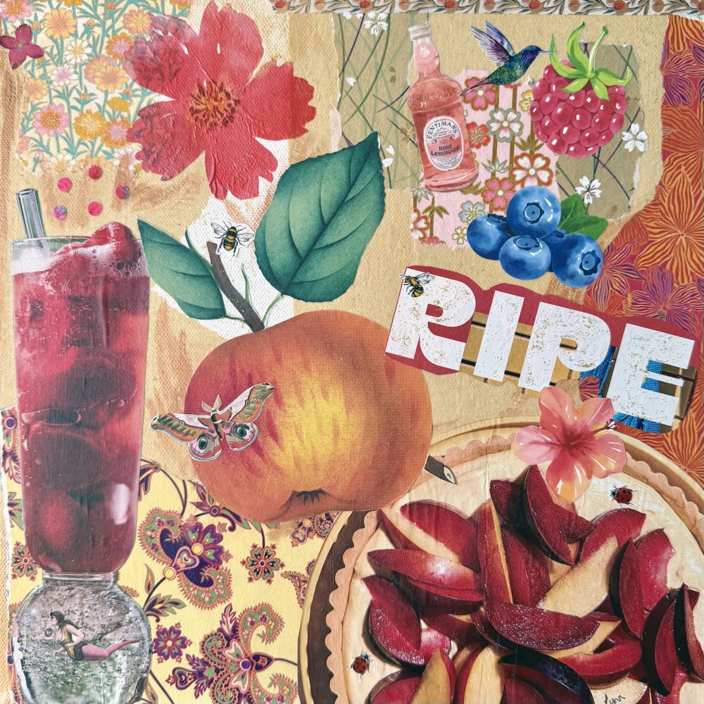 Playful fruit collage with the word Ripe, flowers, bottles and a small bird.