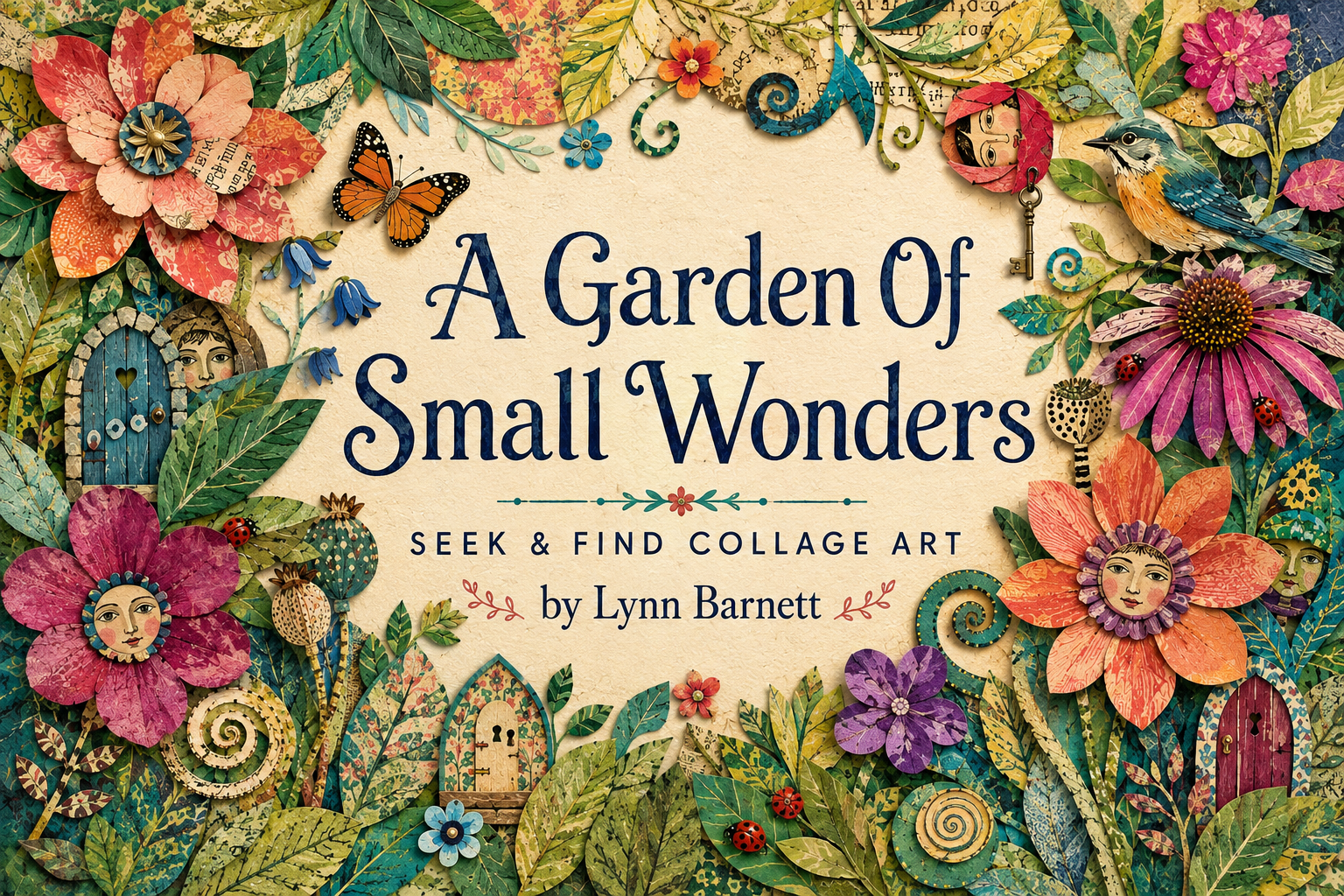 A richly layered collage garden filled with flowers, birds, butterflies, tiny doors, faces and hidden details.